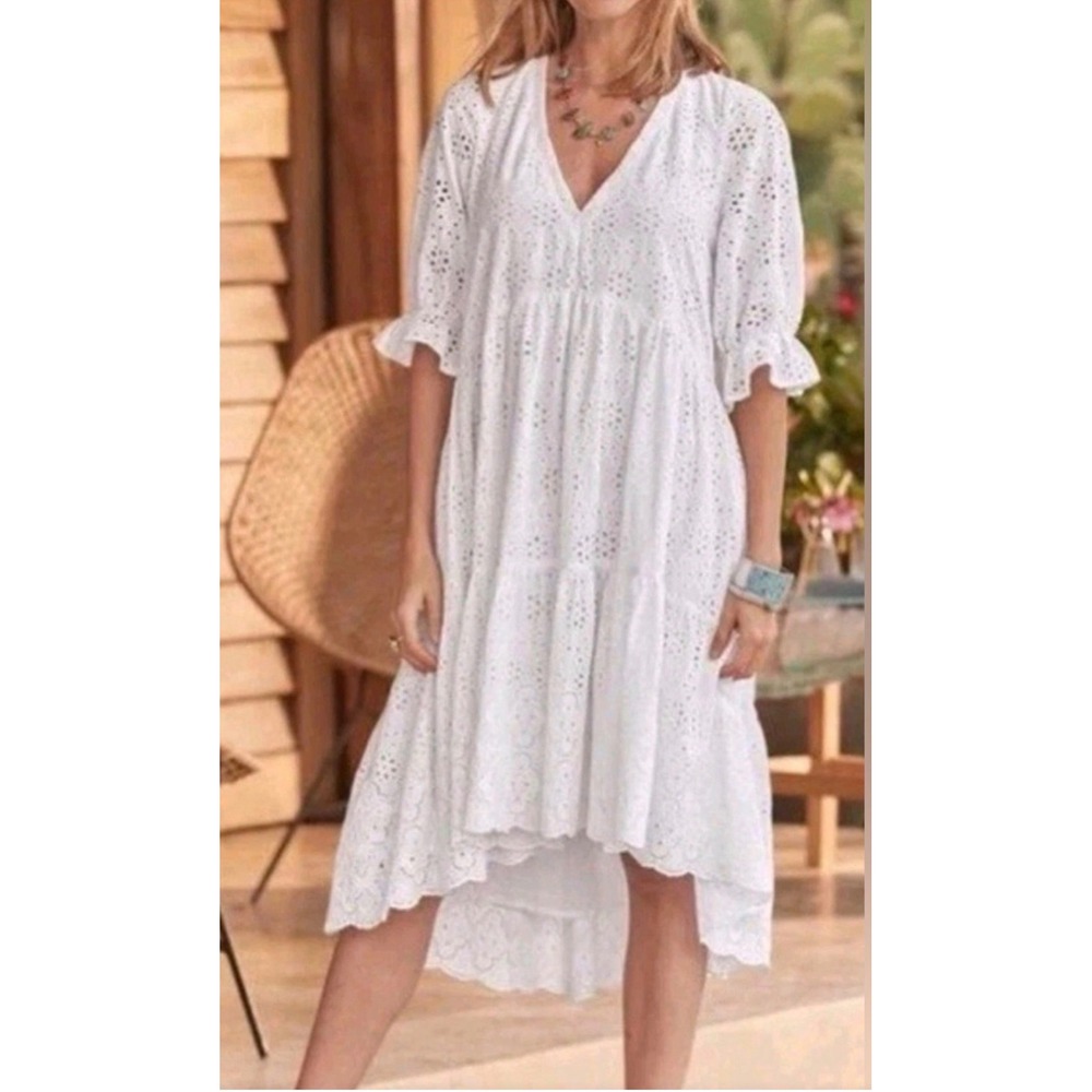 Sundance Womens Large PL White Eyelet Cotton Dress High Low Pockets Cottagecore⁠